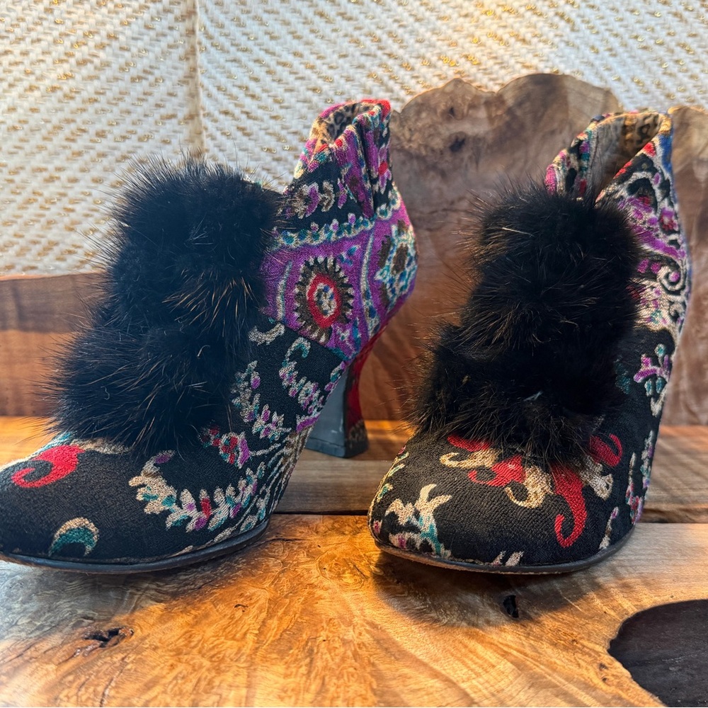 Black Floral Velvet Heeled Booties with Fur Trim